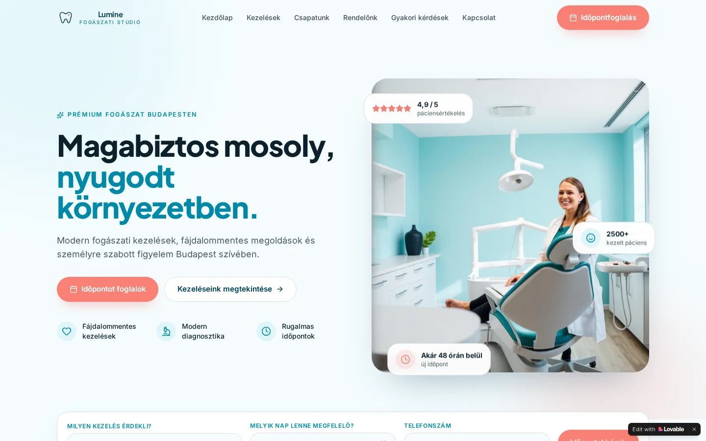 A Lumine Fogászati Stúdió weboldalának kezdőoldala