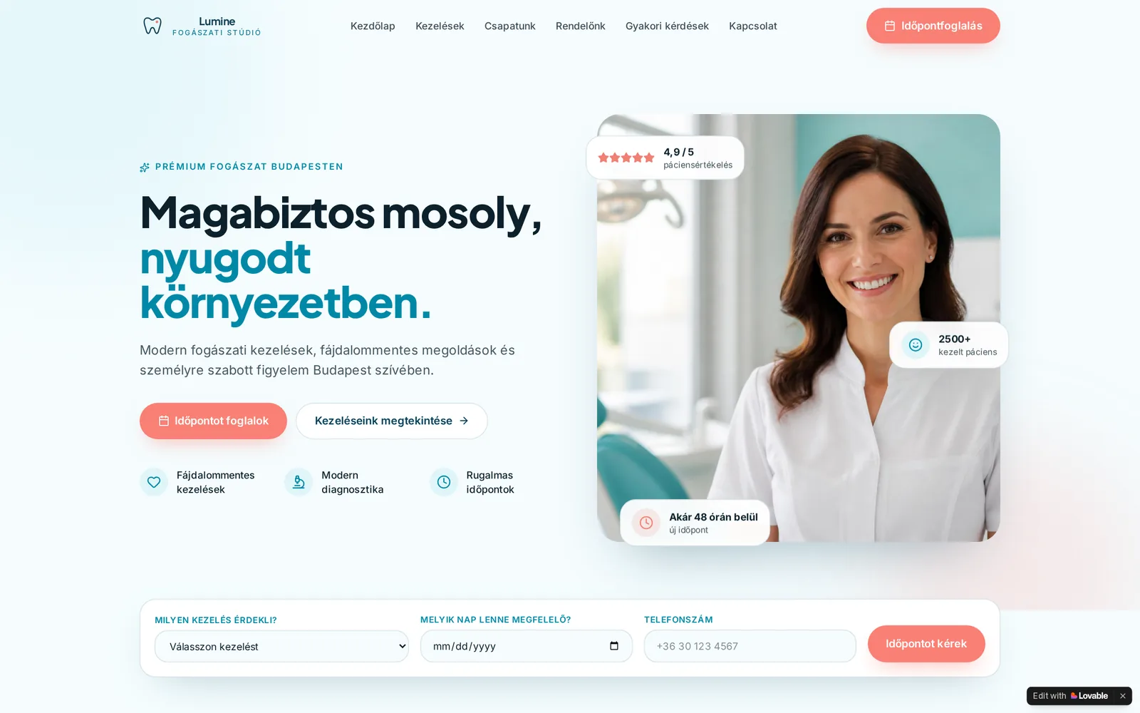 A Lumine Fogászati Stúdió weboldalának kezdőoldala