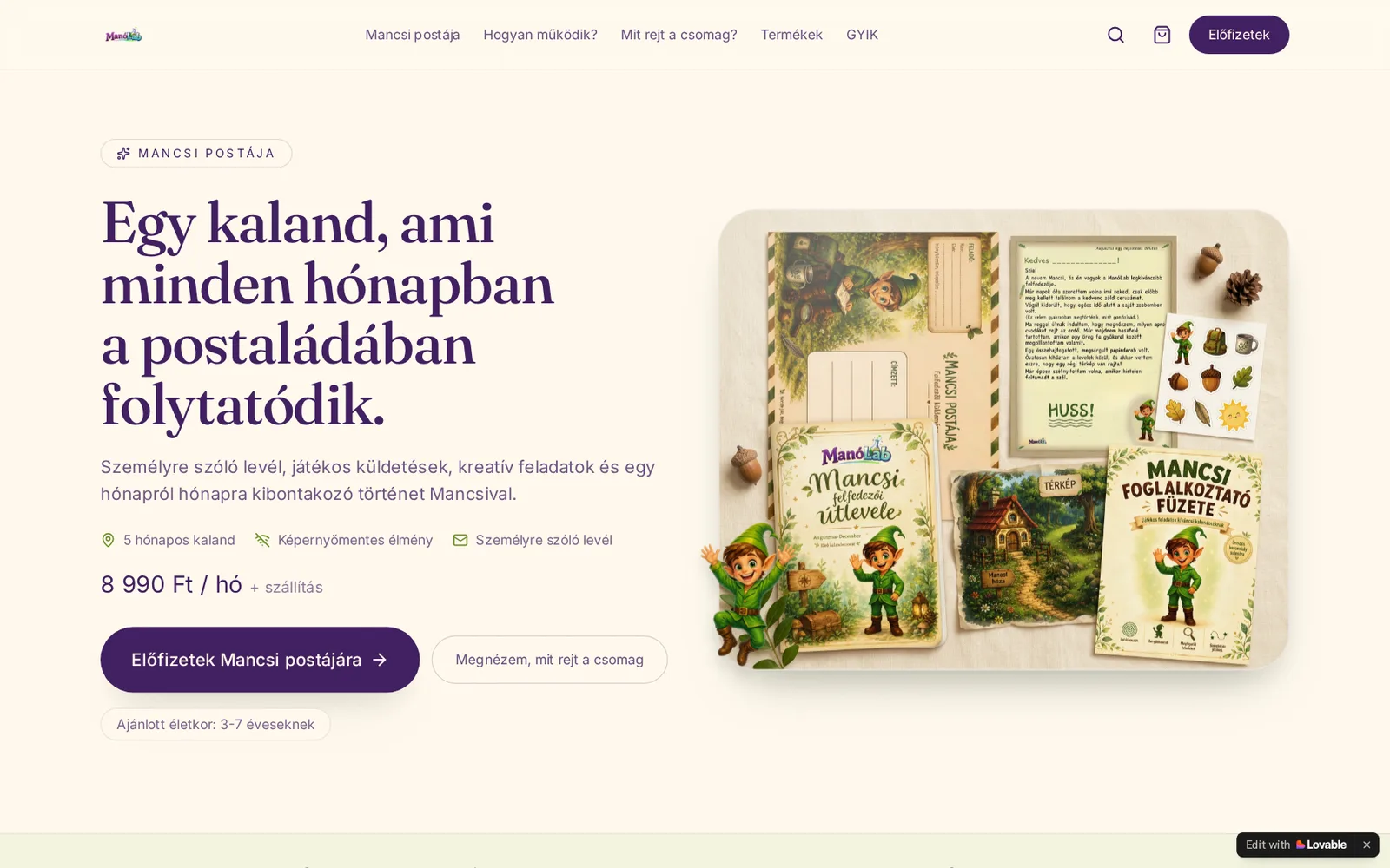 A ManóLab gyermekmárka webshopjának kezdőoldala