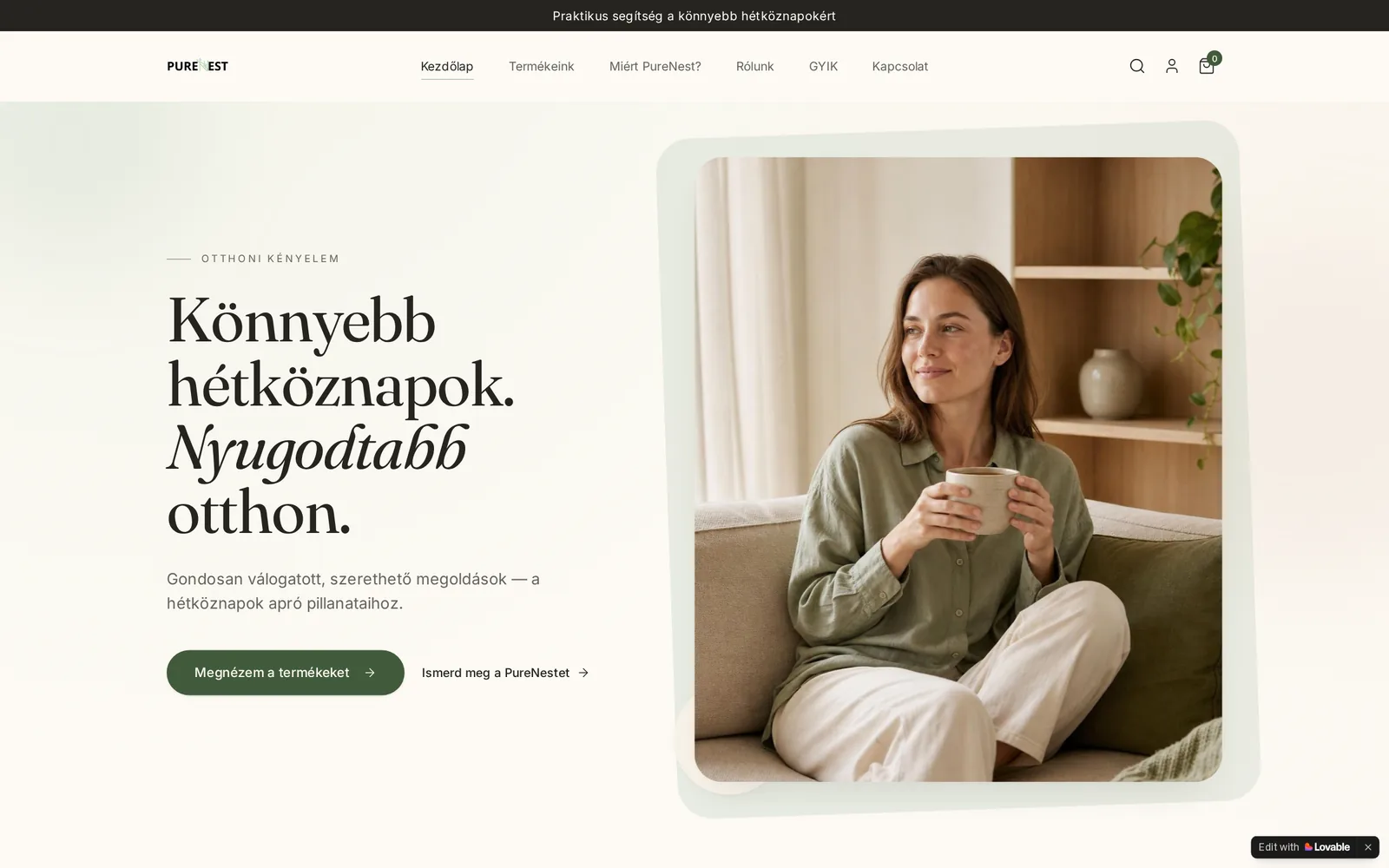 A PureNest webshop kezdőoldala