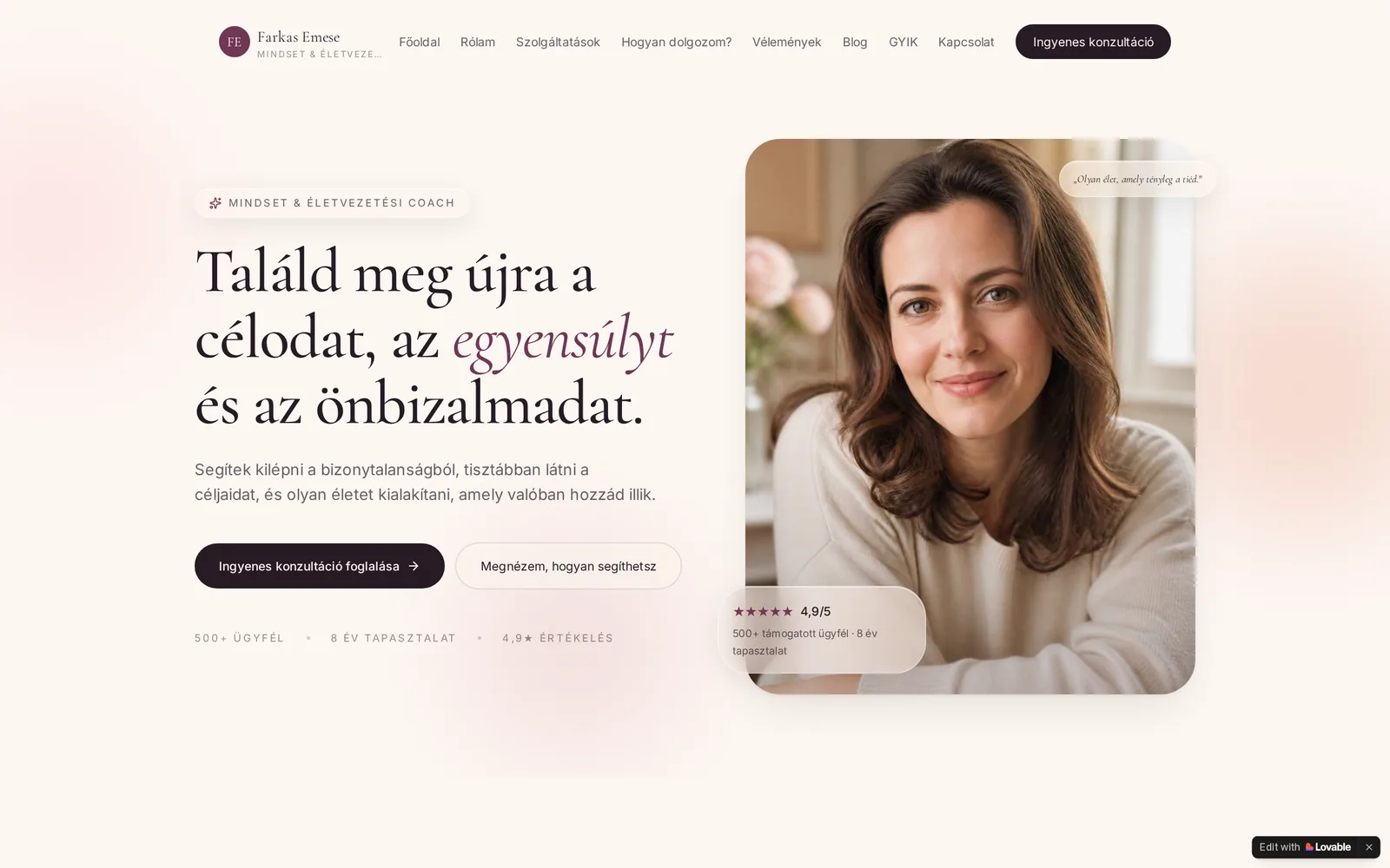 Farkas Emese coach és mentor weboldalának kezdőoldala