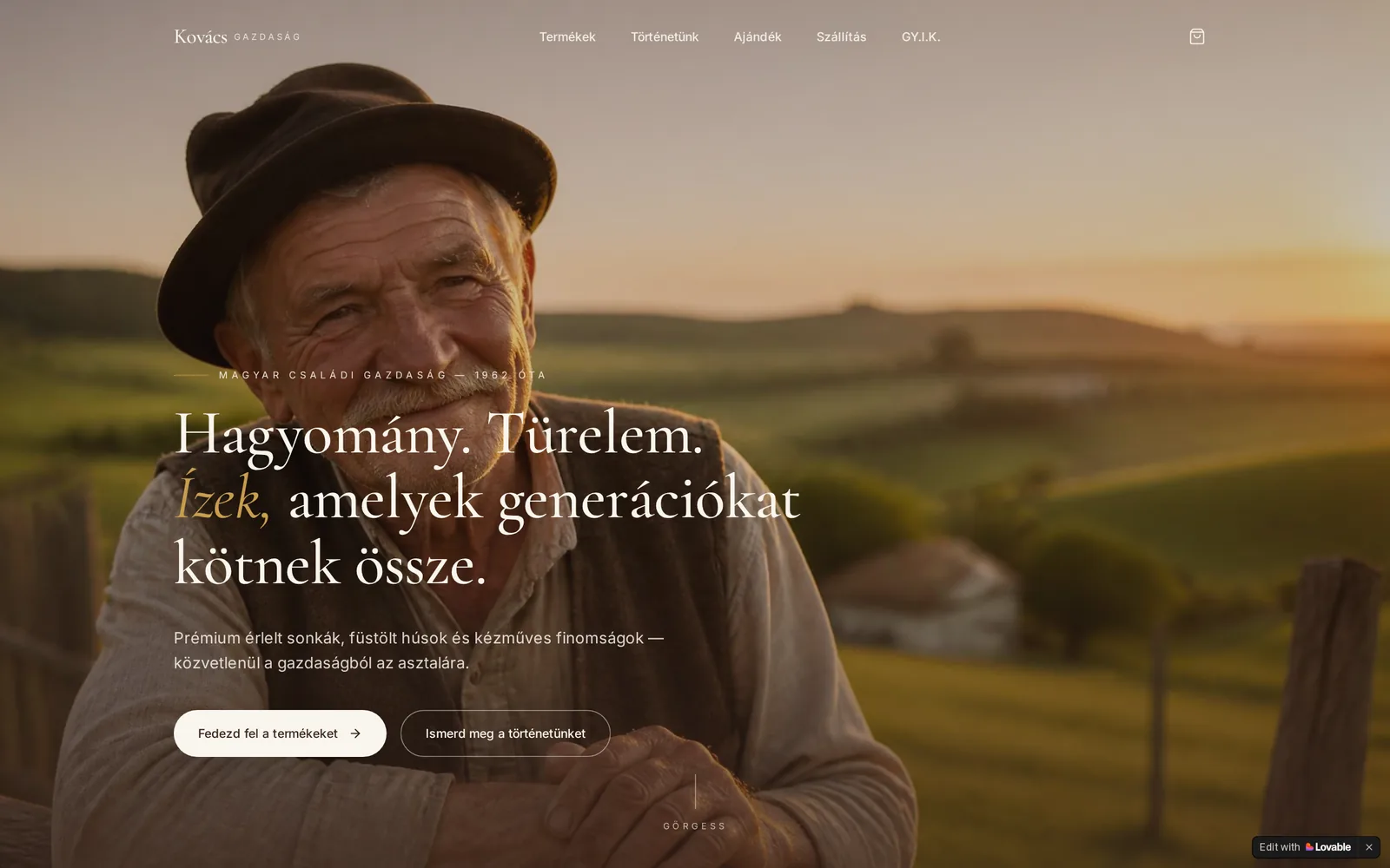 A Kovács Gazdaság élelmiszer-webshopjának kezdőoldala